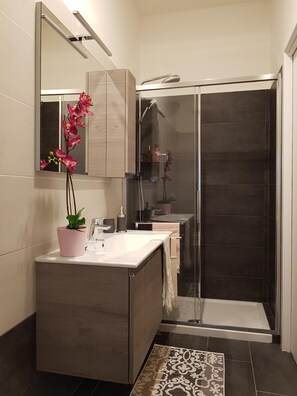 Douche, sèche-cheveux, bidet, serviettes fournies