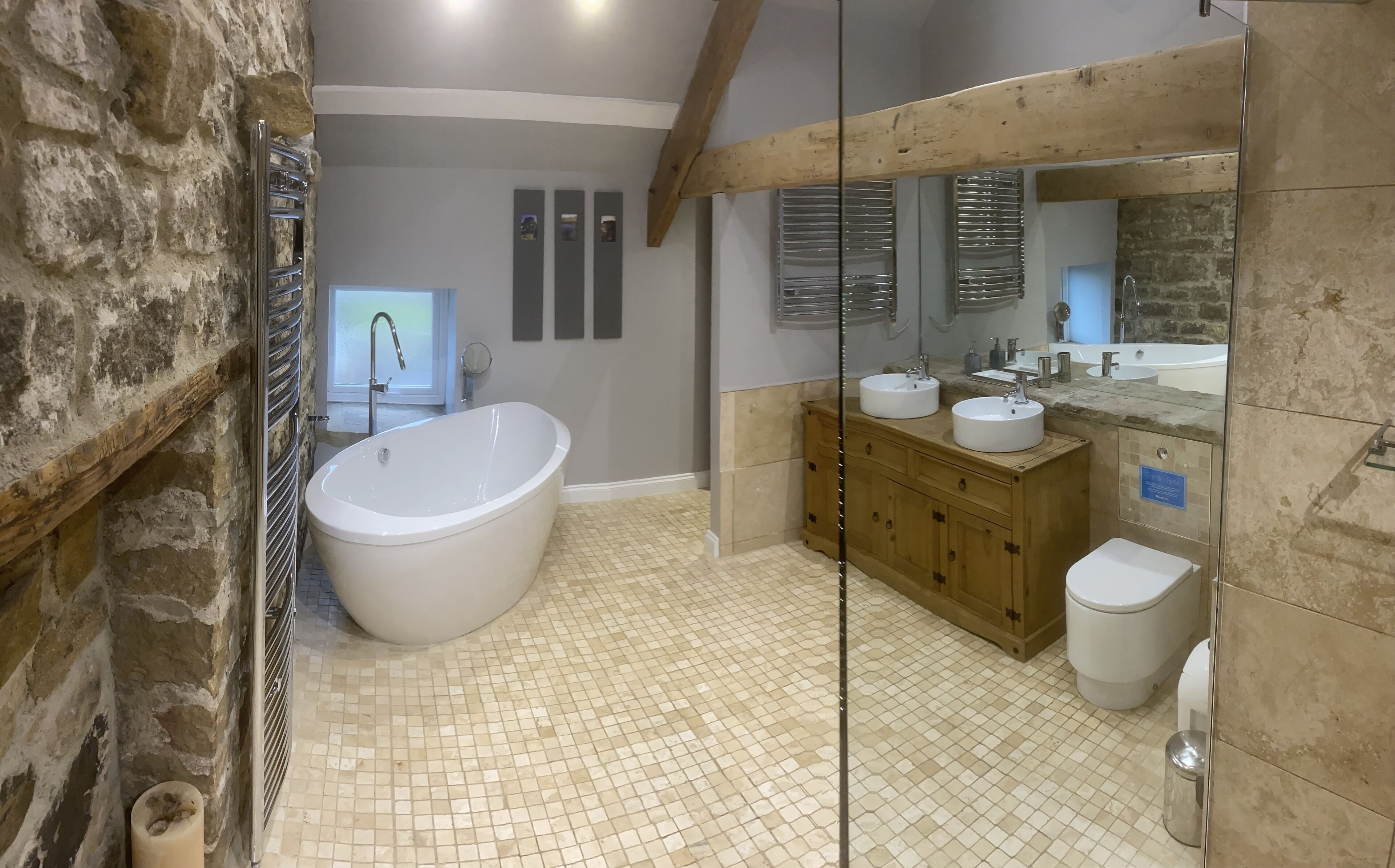 Combined shower/bathtub, hair dryer, towels, soap