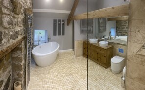 Combined shower/tub, hair dryer, towels, soap