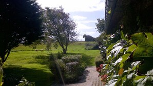 A pathway leading through a garden with a tree and a grassy field in the background. - Charming House, Edge of the Golf, Sea, Countryside, Peaceful (Seine-Maritime)