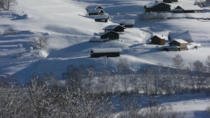 Een besneeuwd landschap met meerdere houten huizen, waarvan sommigen rookpluimen uit de schoorsteen laten zien, en enkele bomen.