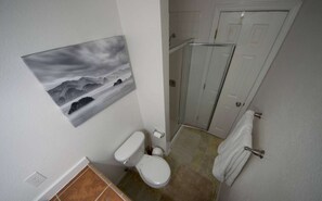 Combined shower/bathtub, hair dryer, towels