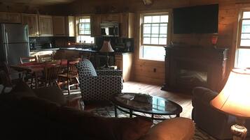 Smart TV, fireplace, DVD player, books