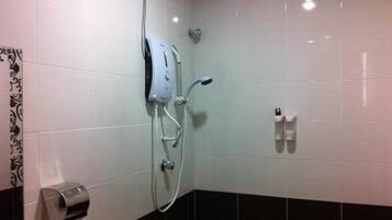 Shower, free toiletries, hair dryer, towels