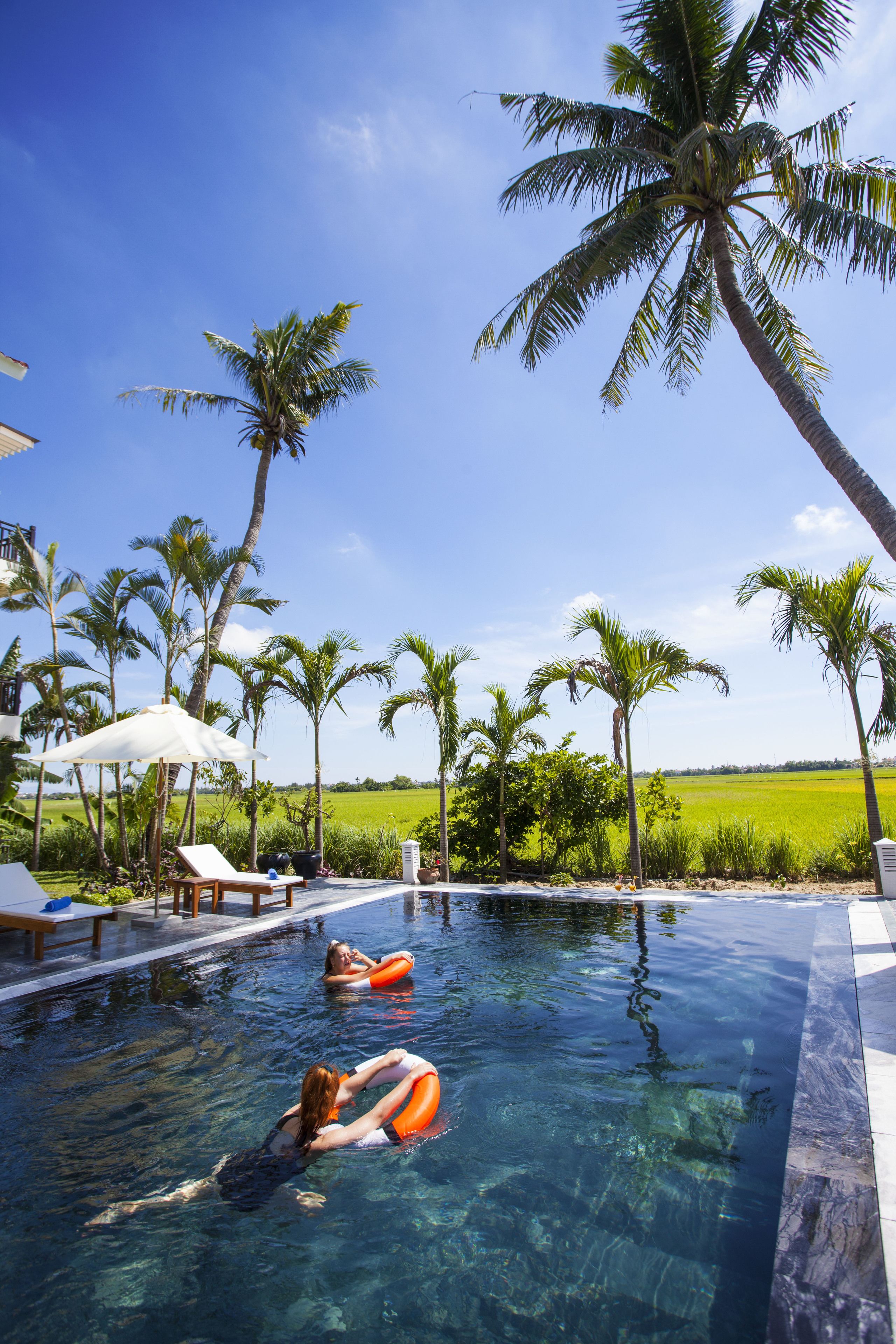 outdoor pool, pool loungers