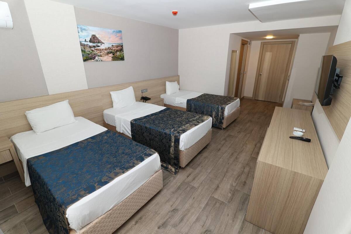 A hotel room with three beds, a desk, and a television.