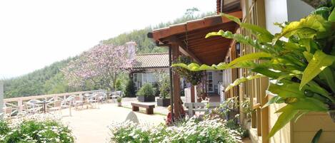 A covered outdoor seating area with tables and chairs, surrounded by potted plants and flowers.