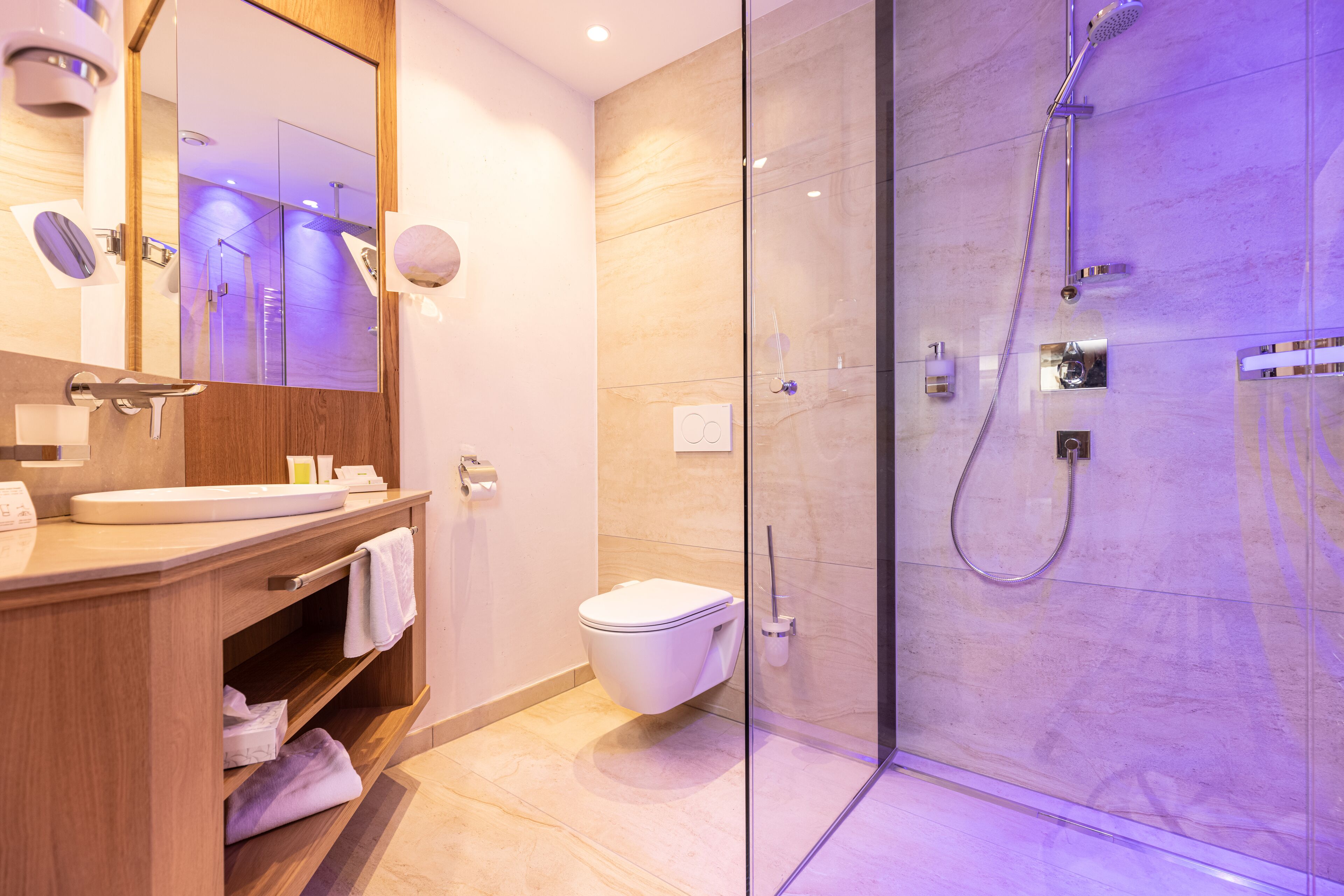 A modern bathroom with a glass-enclosed shower, a wooden vanity, and a large mirror.
