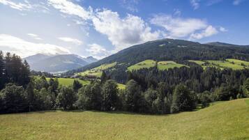A mountainous landscape with green fields and scattered buildings.