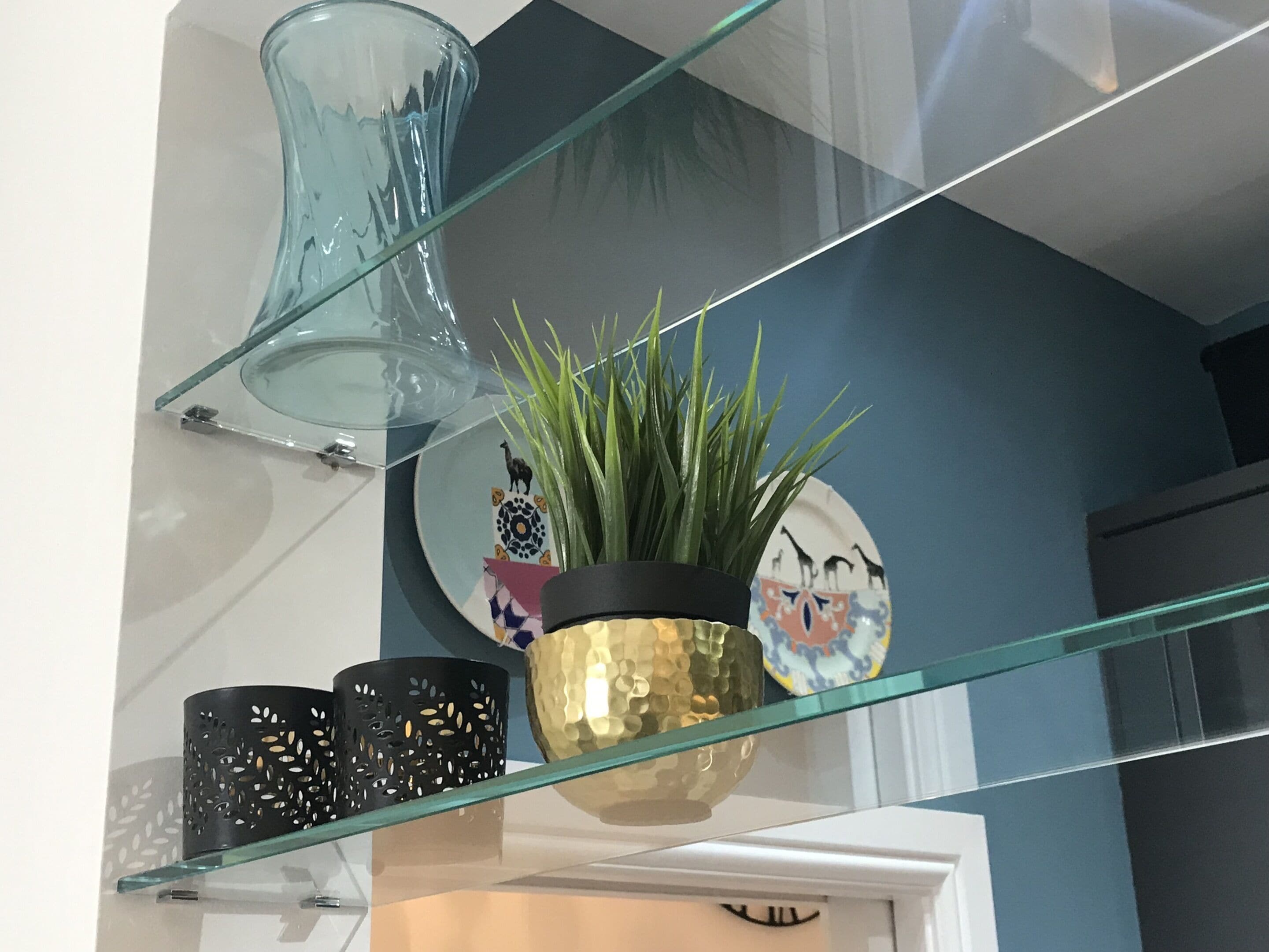 A glass shelf with decorative items including a vase, a potted plant, and a plate with animal illustrations.