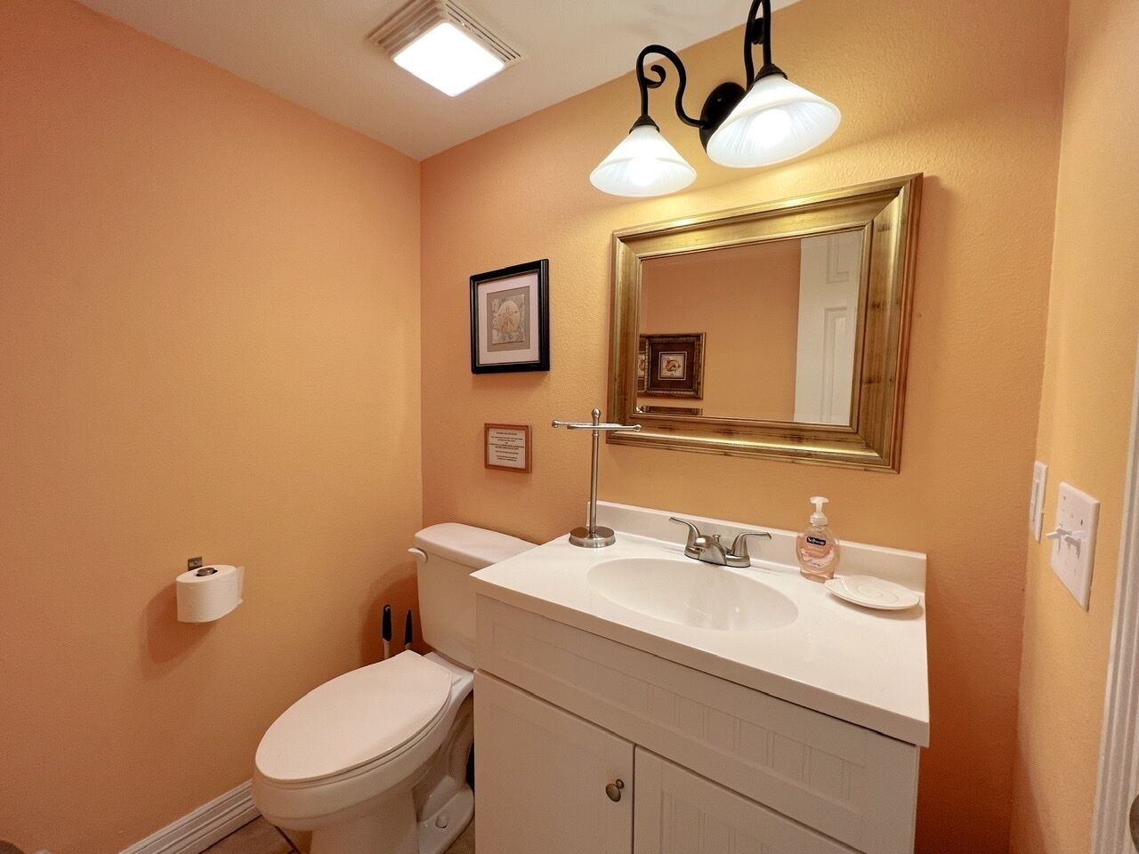 A bathroom with a white toilet, a sink with a gold-framed mirror, and two wall-mounted lights.