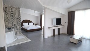 Una habitación de hotel con cama, televisión, baño y zona de ducha.