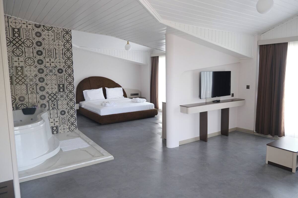 A hotel room with a bed, a TV, a bathroom, and a shower area.