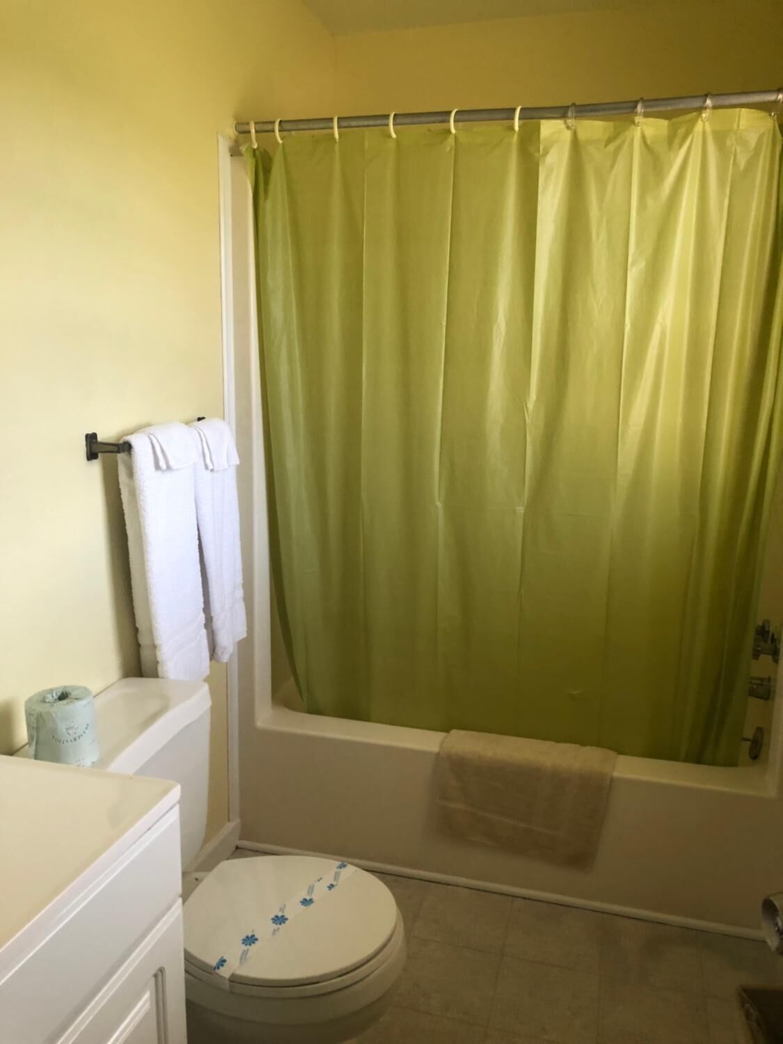 A bathroom with a green shower curtain, a white toilet with floral patterns, and a towel rack with two white towels.