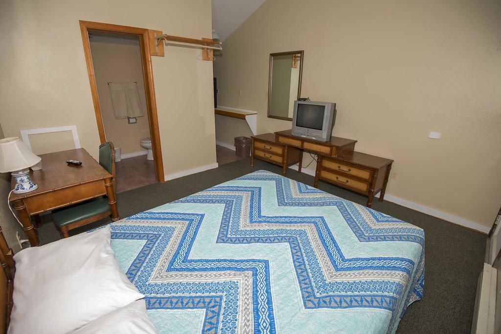 Un dormitorio con cama, escritorio, silla, cómoda, televisor y espejo.