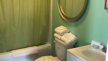 Combined shower/bathtub, free toiletries, towels