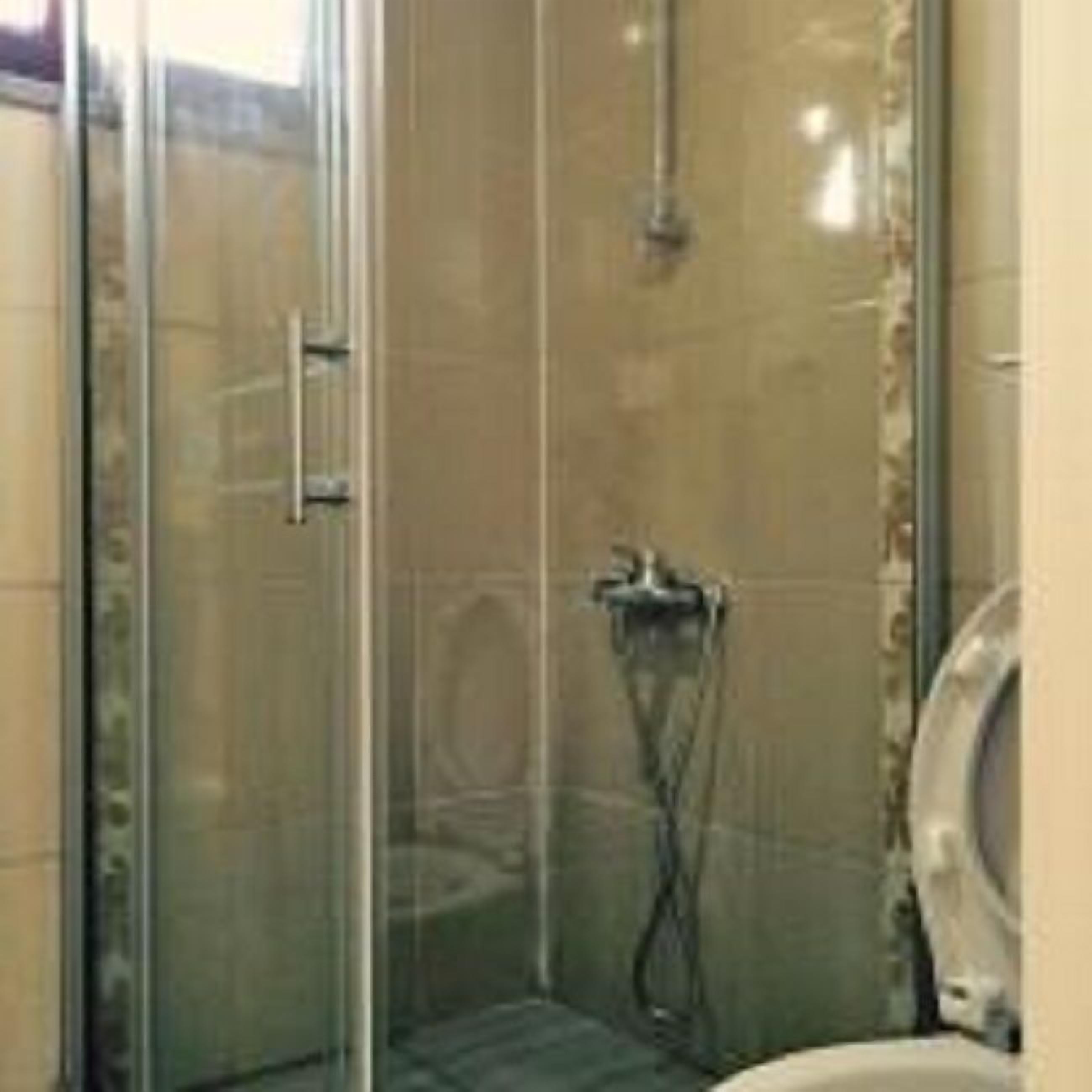 A glass-enclosed shower stall with a handheld showerhead and a wall-mounted faucet.
