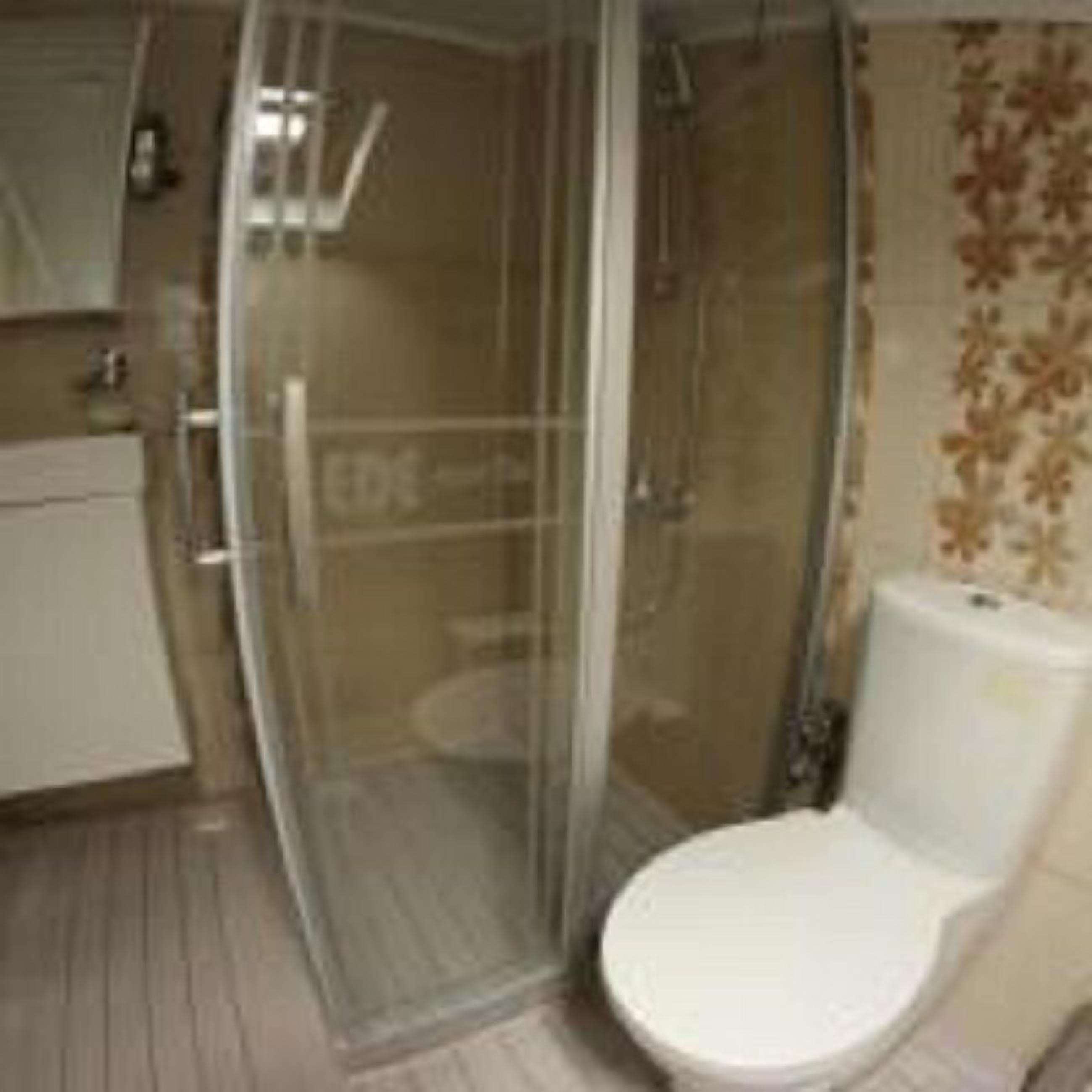 Un baño con cabina de ducha de vidrio, inodoro y suelo de madera.