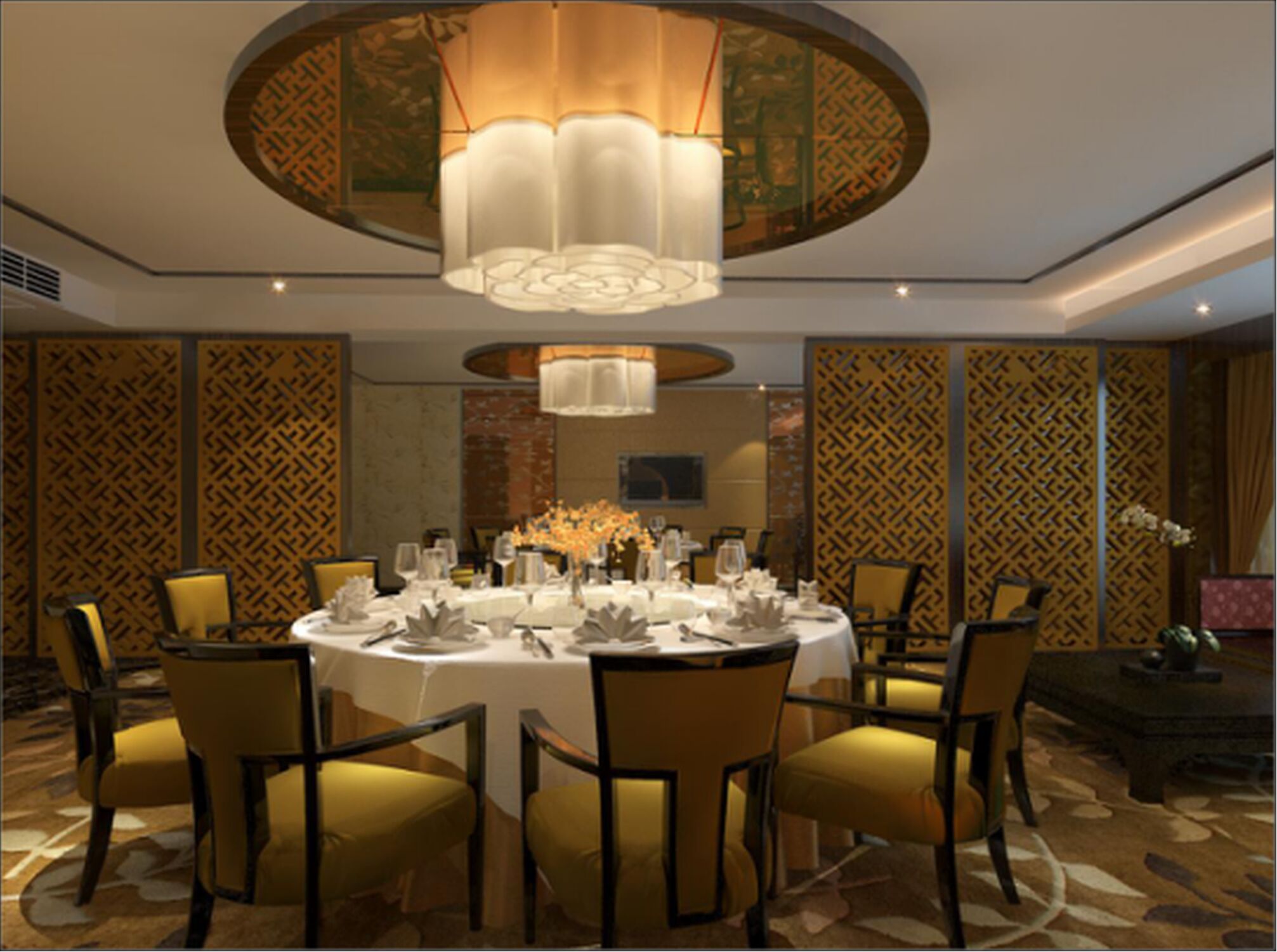A dining area with a round table set for six, surrounded by chairs.