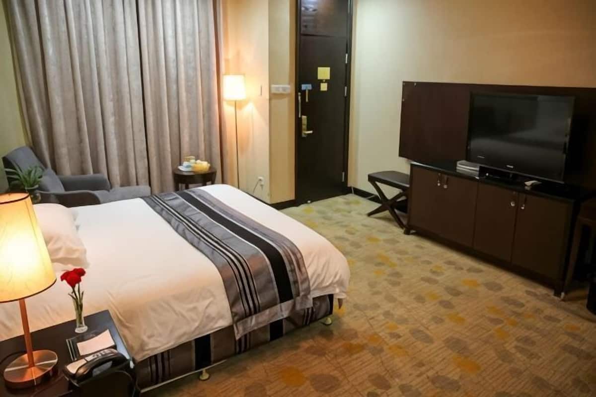 Una habitación de hotel con cama, escritorio con lámpara, televisión, armario y puerta.