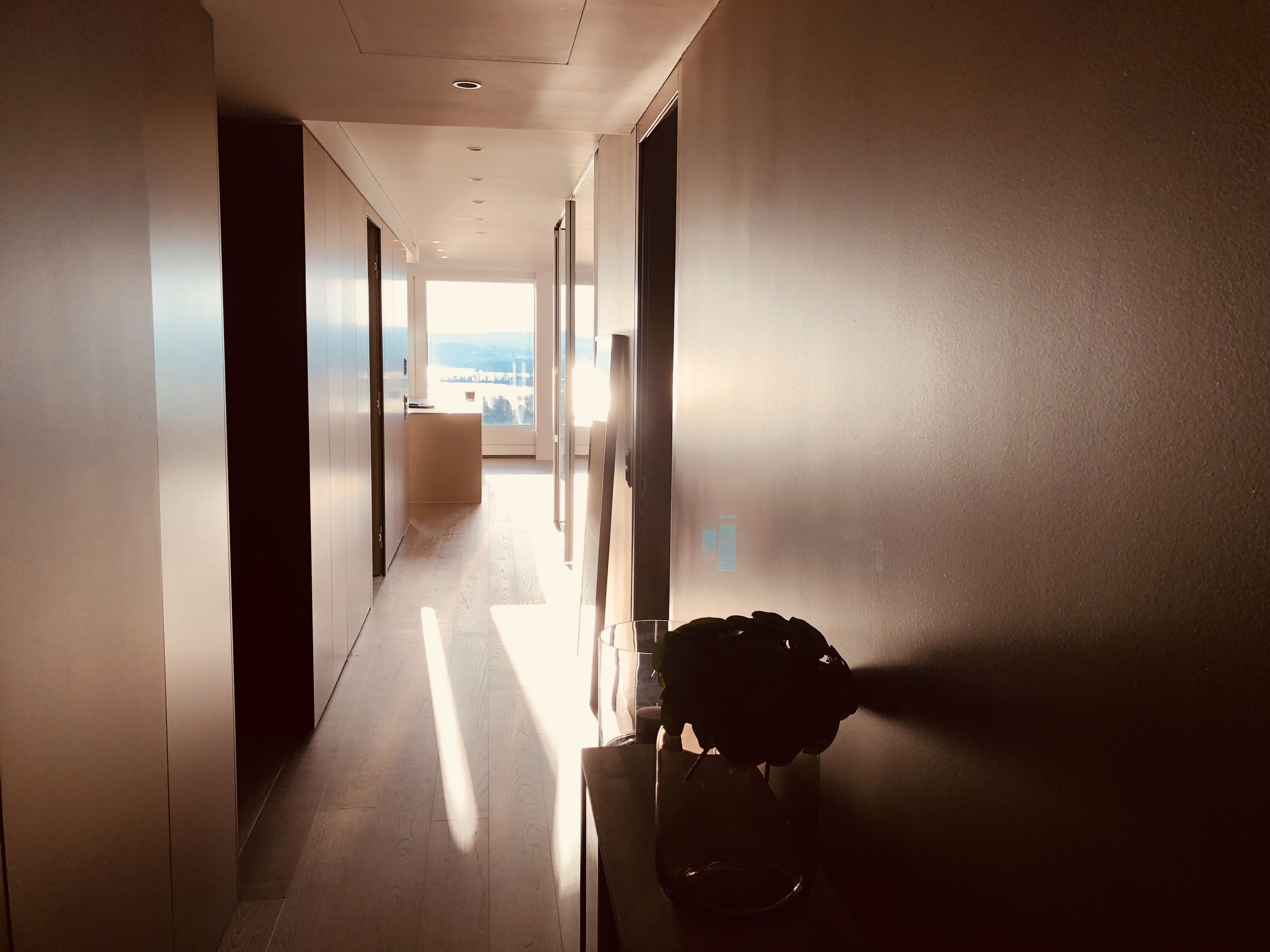 A hallway with a view to a balcony, a vase with flowers, and a door on the right.