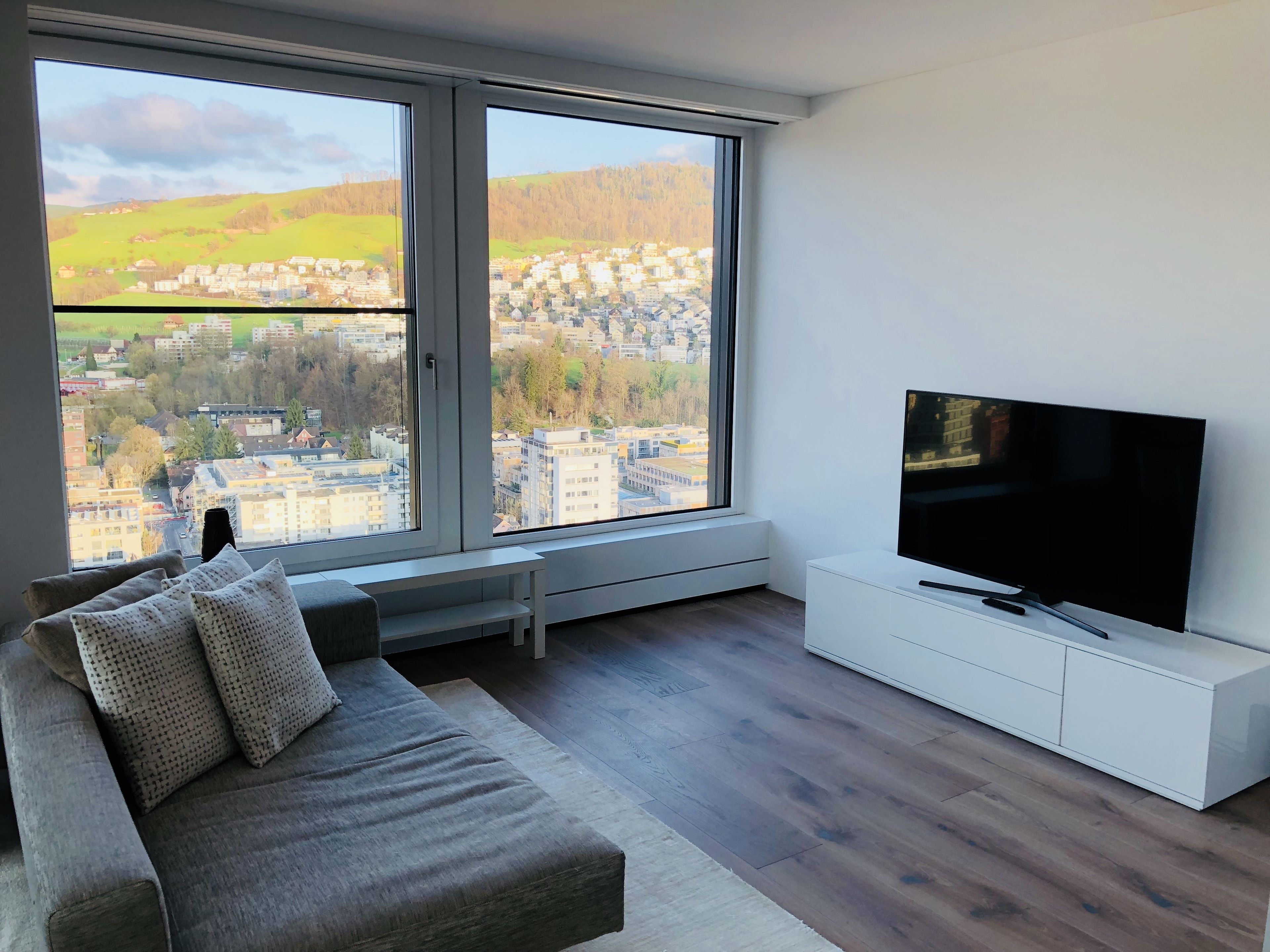 A modern living room with a large window, a grey sofa, a flat-screen TV, and a white cabinet.