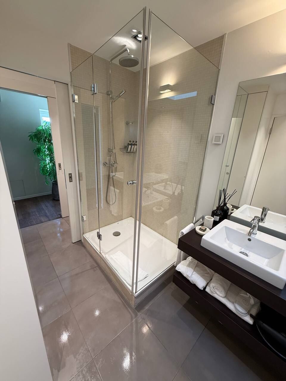 A modern bathroom with a glass-enclosed shower, two sinks, and a large mirror.