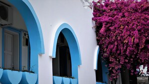 A building with blue arches and a pink flowering vine. - Palma Hotel (Bodrum)