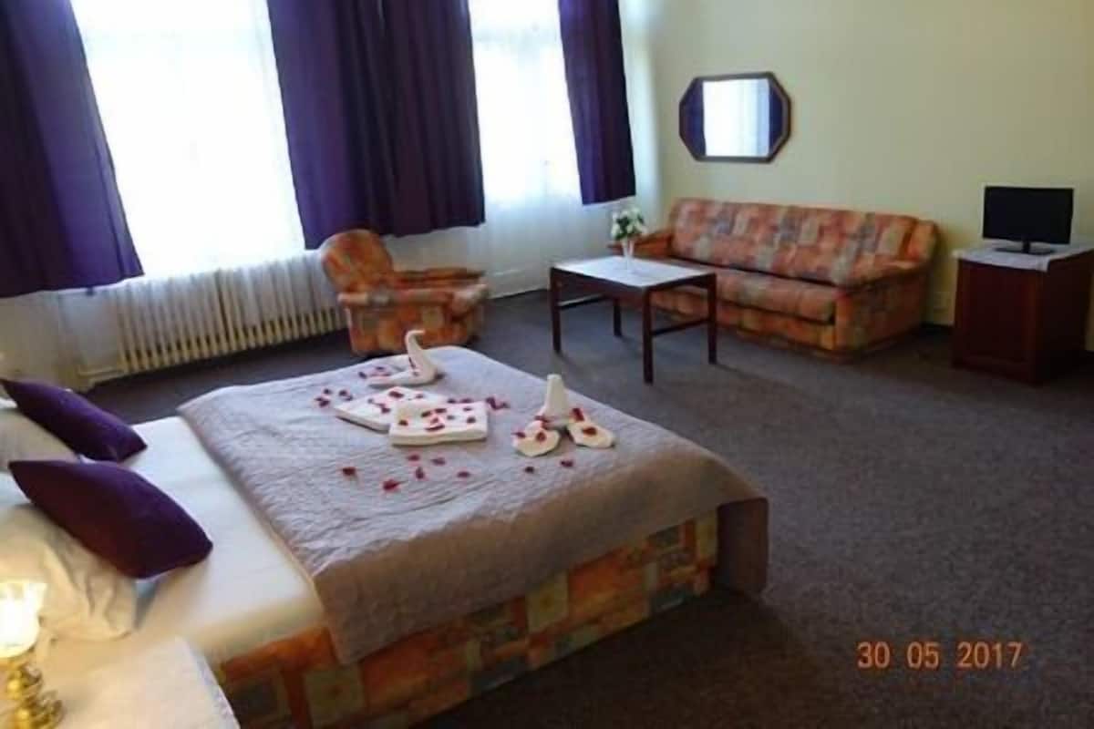 Ein Hotelzimmer mit Bett, Sofa, kleinem Tisch und Sessel. Es gibt ein Fenster mit Vorhängen, eine Heizung und einen Fernseher auf einem Schrank.