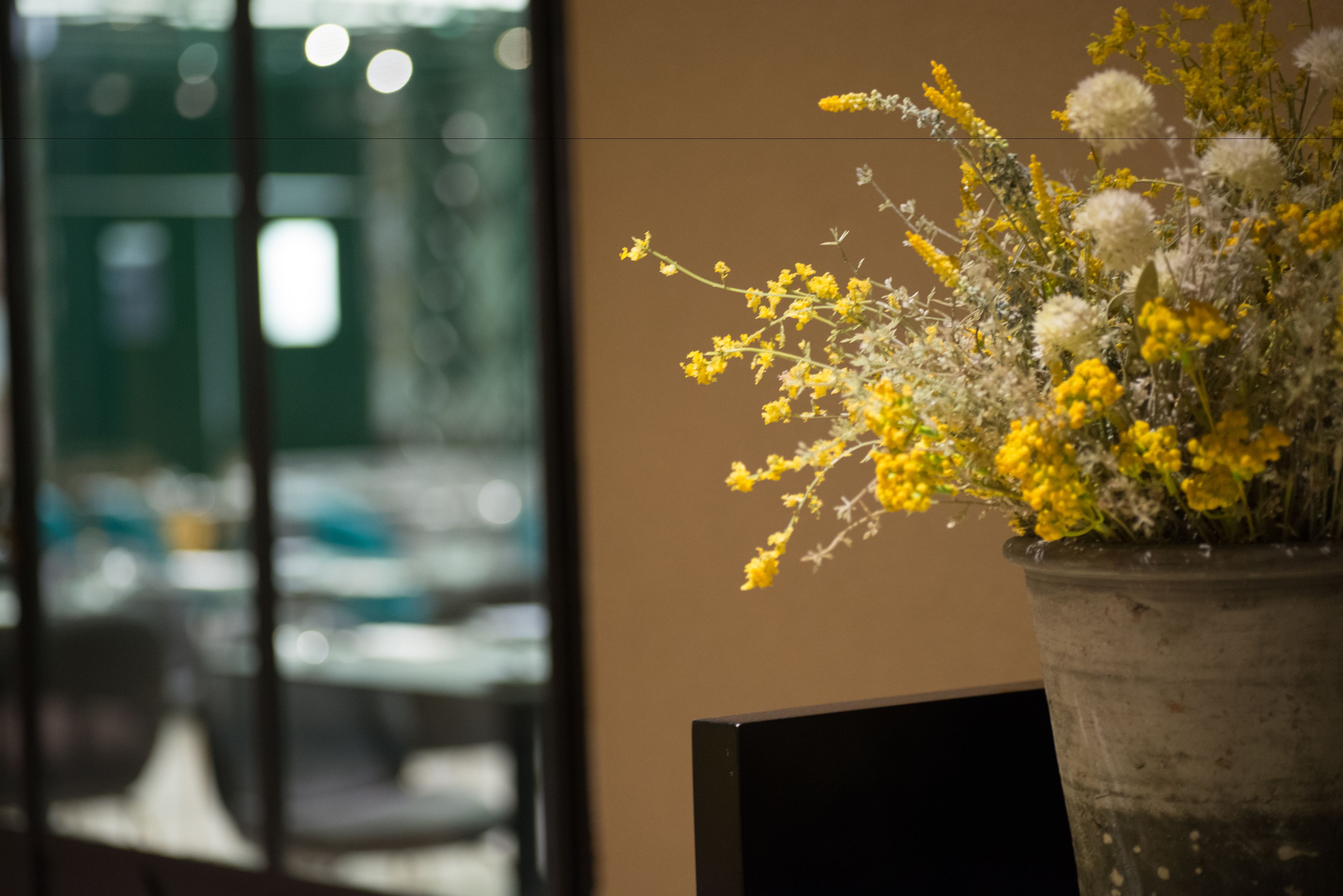 Una planta en maceta con flores amarillas y blancas en un ambiente interior moderno.