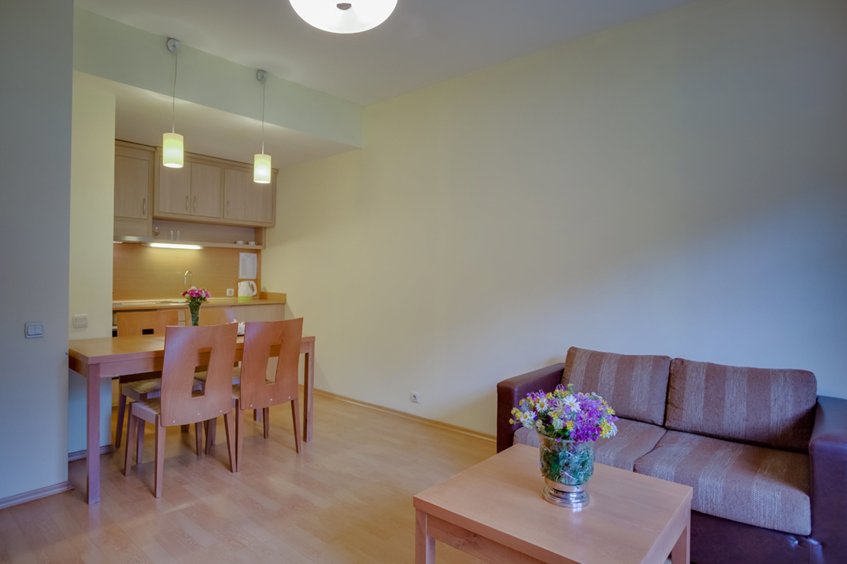 Un espacio habitable compacto con comedor, sofá y mesa de centro.