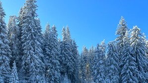 A snow-covered landscape with a wooden deck and two stools. - Apart Hotel The Castle (Smolyan)