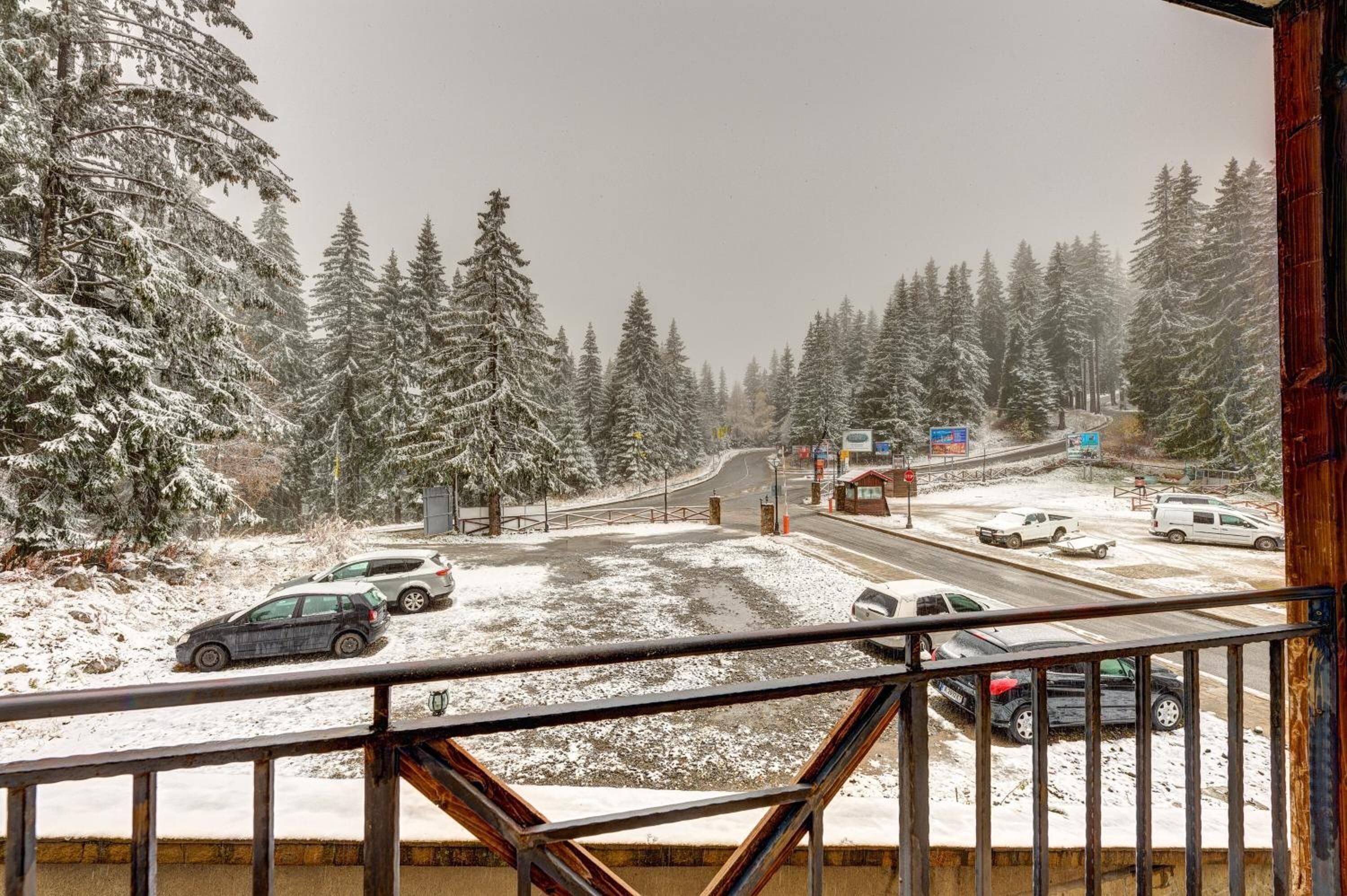 A snowy landscape with a road leading through a forest.