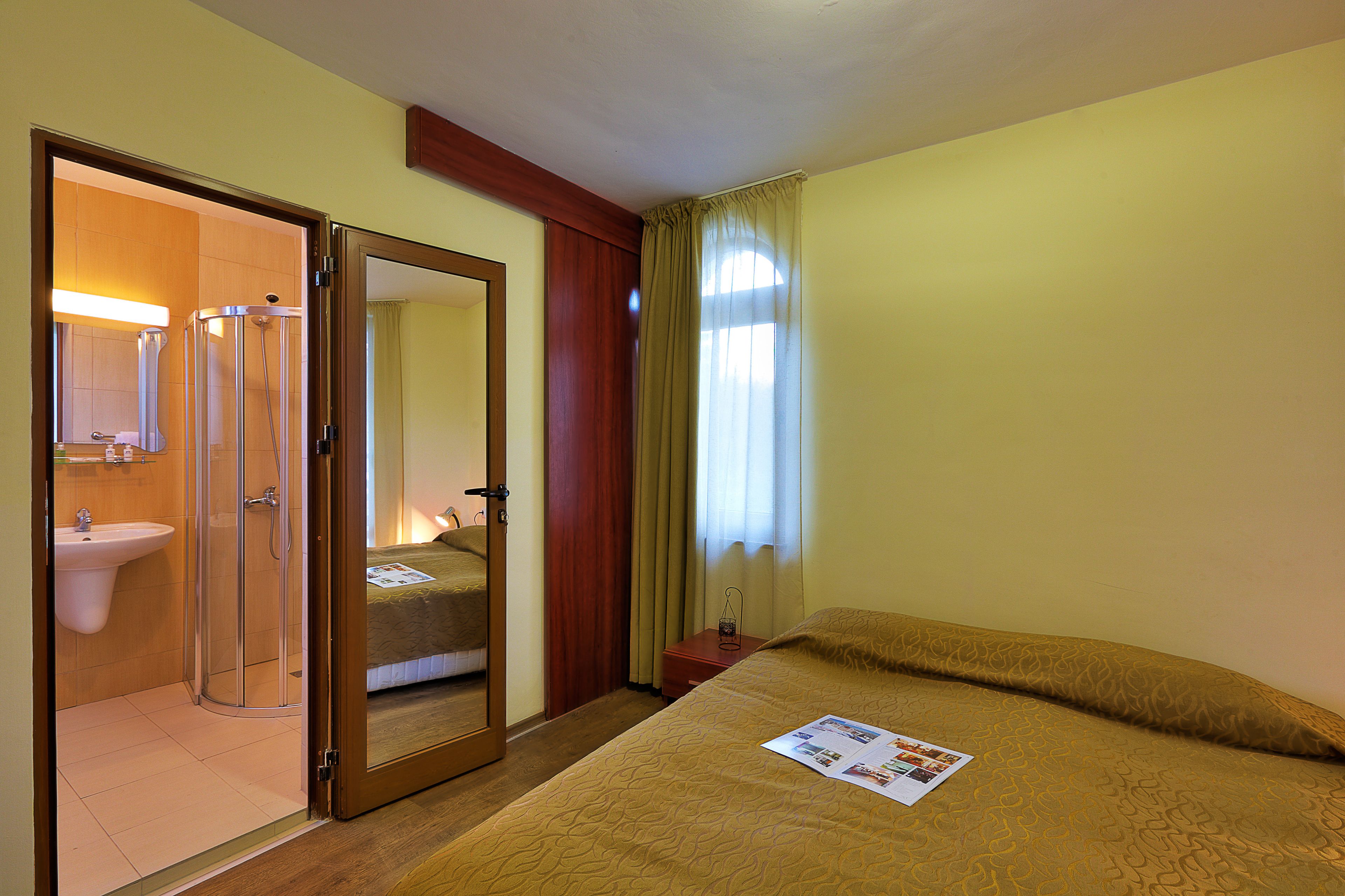 Une chambre d’hôtel avec un lit, une salle de bain avec douche et un miroir.