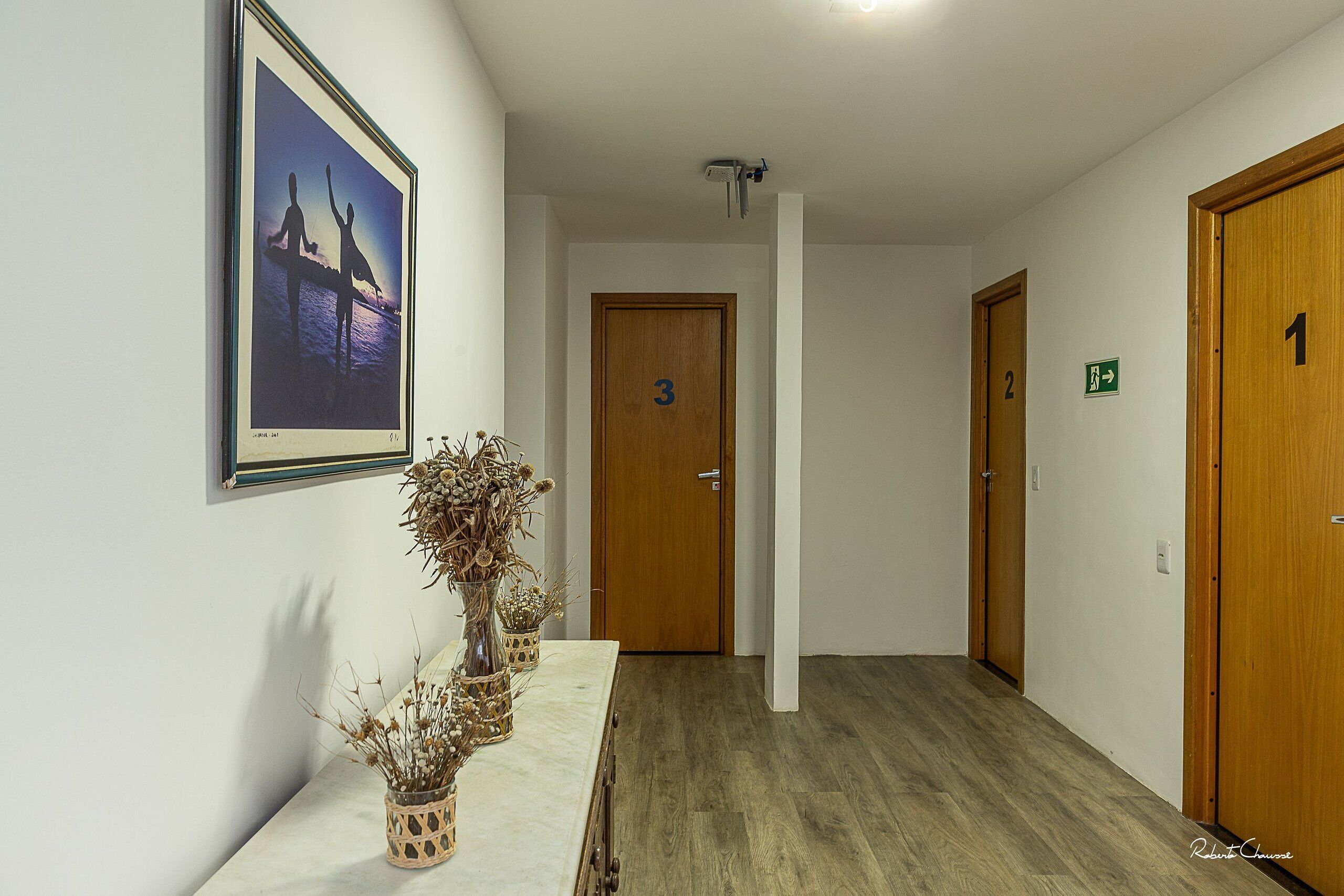 Un couloir avec des portes en bois numérotées 1, 2 et 3, un tableau encadré accroché au mur et un vase contenant des plantes séchées, posé sur une table.