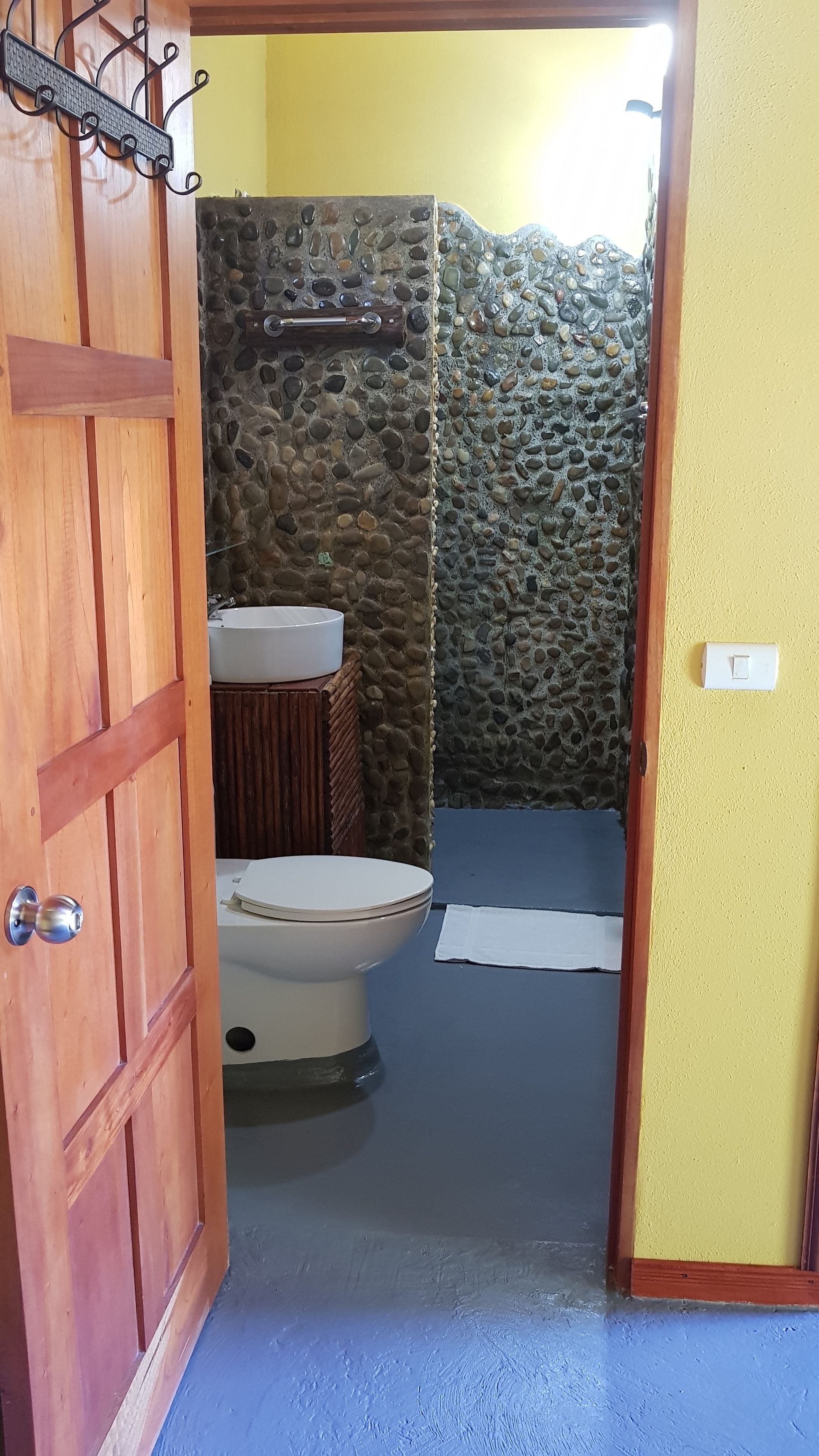 A bathroom with a stone wall, a wooden door, and a white toilet.