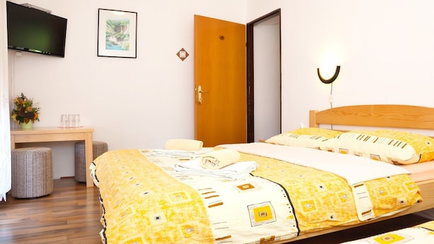 A hotel room with a bed, a desk, a TV, and a door. - House Zdravko (Plitvicka Jezera)