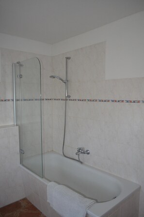 Combined shower/tub, hair dryer, towels