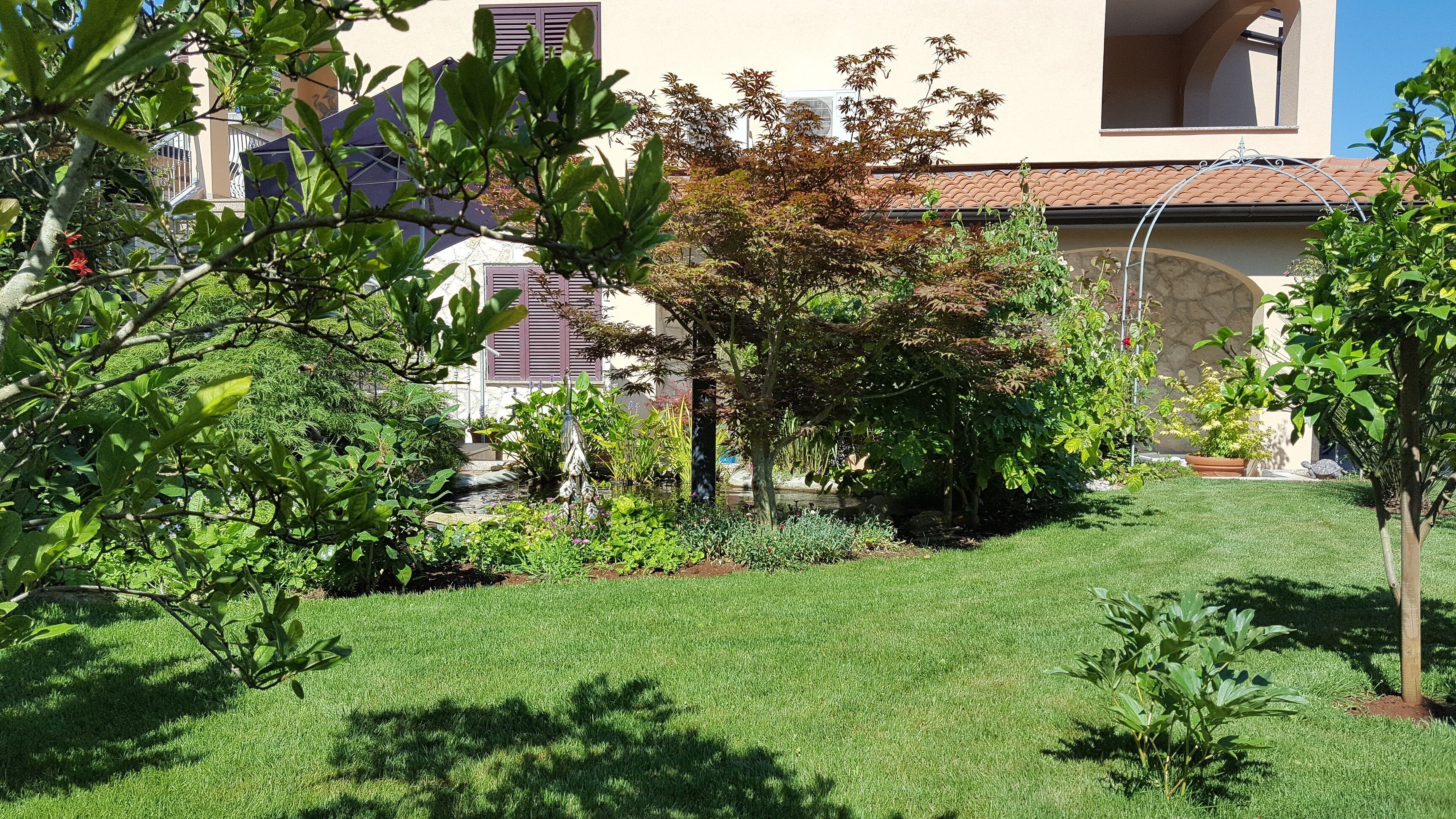 Un jardin bien entretenu, avec une grande variété de plantes et un petit élément décoratif aquatique.