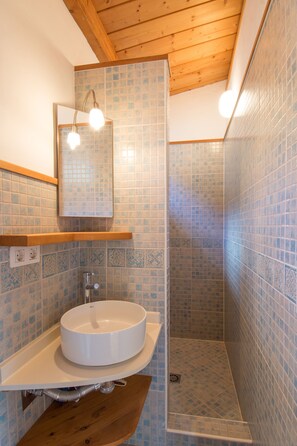 Douche, séchoir à cheveux, serviettes fournies, savon