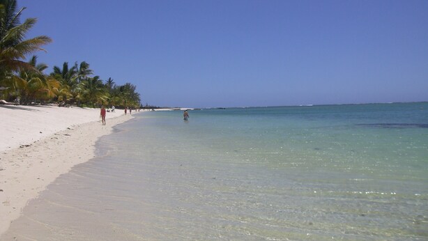 Een strand met helder turquoise water, wit zand en palmbomen.