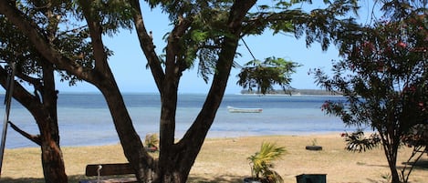 En la playa y camastros
