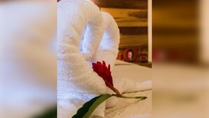 A white towel with a red flower on a textured surface.