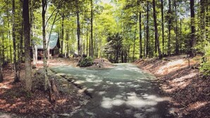 A forested area with a dirt path leading to a cabin. - Seclusion, perfect location, escape the crowds, pet friendly (Sevierville)