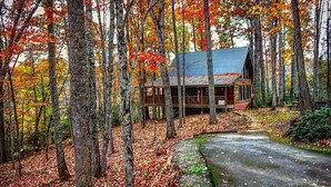 A cabin surrounded by trees with autumn leaves, a covered porch, and a stone pathway leading to the entrance. - Seclusion, perfect location, escape the crowds, pet friendly (Sevierville)