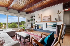 TV connectée, cheminée, livres, chaîne hi-fi