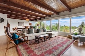 Smart TV, fireplace, books, stereo