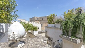 Terraza en la azotea con una urna decorativa blanca, plantas en macetas y vistas de edificios colindantes.