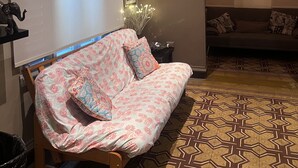 Una sala de estar acogedora con un sofá estampado, una figurita decorativa de elefante, un cuadro enmarcado y un aire acondicionado de pared.