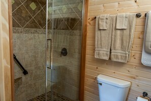 Combined shower/tub, jetted tub, hair dryer, towels